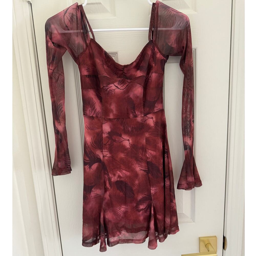 Cider Red Mesh Long Bell Sleeved Off The Shoulder Mini Dress Women's XS - Picture 8 of 11